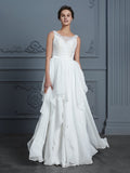 A-Line/Princess Scoop Sleeveless Ruffles Floor-Length Chiffon Wedding Dresses Bridal Gowns