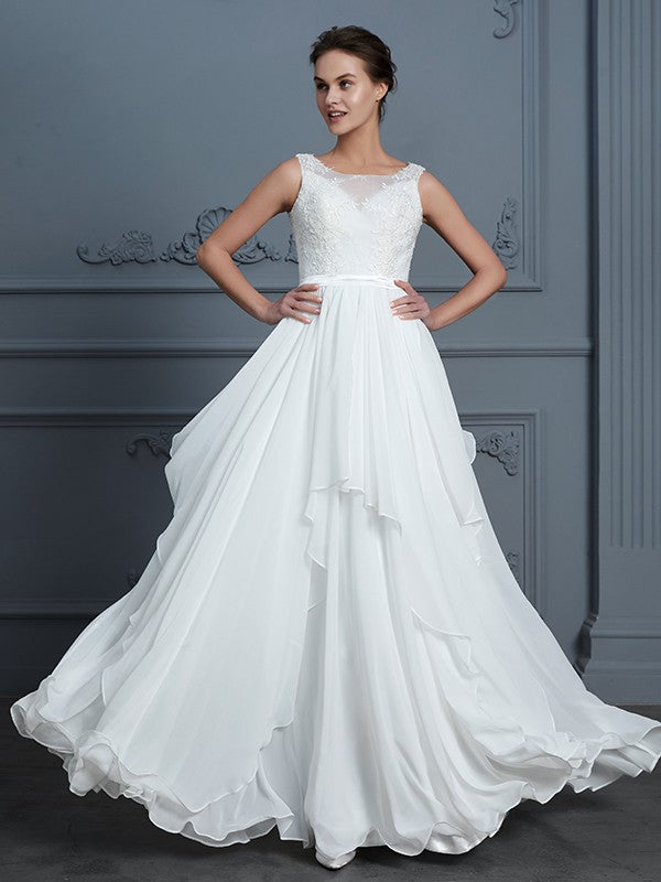 A-Line/Princess Scoop Sleeveless Ruffles Floor-Length Chiffon Wedding Dresses Bridal Gowns