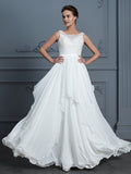 A-Line/Princess Scoop Sleeveless Ruffles Floor-Length Chiffon Wedding Dresses Bridal Gowns