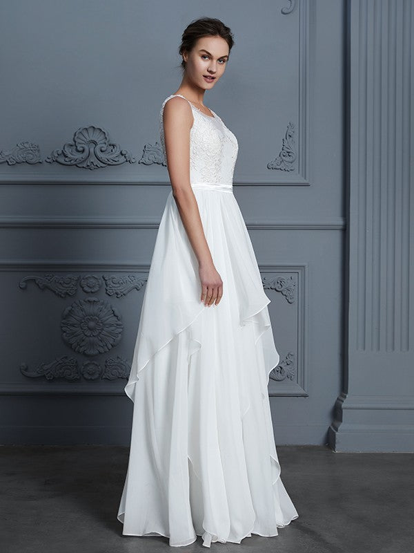 A-Line/Princess Scoop Sleeveless Ruffles Floor-Length Chiffon Wedding Dresses Bridal Gowns