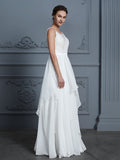 A-Line/Princess Scoop Sleeveless Ruffles Floor-Length Chiffon Wedding Dresses Bridal Gowns