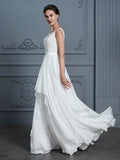 A-Line/Princess Scoop Sleeveless Ruffles Floor-Length Chiffon Wedding Dresses Bridal Gowns