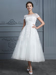 A-Line/Princess Scoop Short Sleeves Tea-Length Beading Tulle Wedding Dresses Bridal Gowns