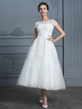 A-Line/Princess Scoop Short Sleeves Tea-Length Beading Tulle Wedding Dresses Bridal Gowns