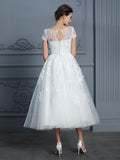 A-Line/Princess Scoop Short Sleeves Tea-Length Beading Tulle Wedding Dresses Bridal Gowns