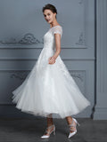 A-Line/Princess Scoop Short Sleeves Tea-Length Beading Tulle Wedding Dresses Bridal Gowns