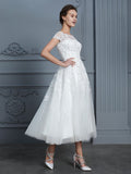 A-Line/Princess Scoop Short Sleeves Tea-Length Beading Tulle Wedding Dresses Bridal Gowns