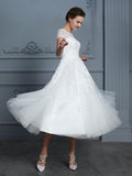 A-Line/Princess Scoop Short Sleeves Tea-Length Beading Tulle Wedding Dresses Bridal Gowns