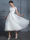 A-Line/Princess Scoop Short Sleeves Tea-Length Beading Tulle Wedding Dresses Bridal Gowns