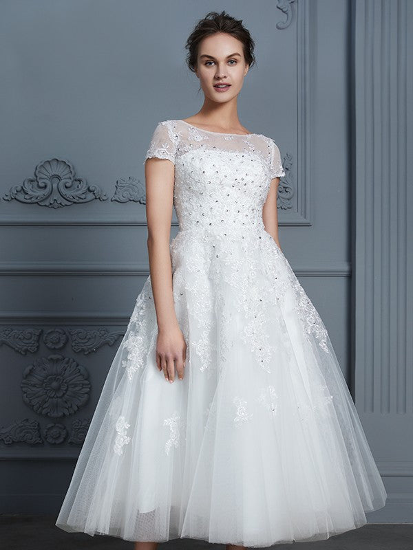 A-Line/Princess Scoop Short Sleeves Tea-Length Beading Tulle Wedding Dresses Bridal Gowns