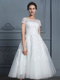 A-Line/Princess Scoop Short Sleeves Tea-Length Beading Tulle Wedding Dresses Bridal Gowns