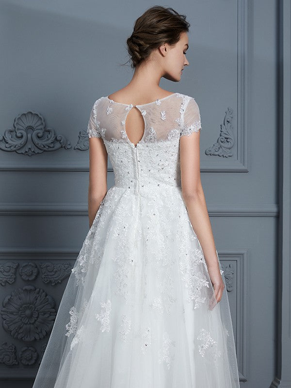 A-Line/Princess Scoop Short Sleeves Tea-Length Beading Tulle Wedding Dresses Bridal Gowns