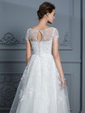 A-Line/Princess Scoop Short Sleeves Tea-Length Beading Tulle Wedding Dresses Bridal Gowns