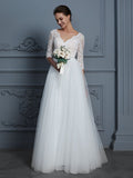 A-Linie/Princess-Linie V-Ausschnitt 3/4-Ärmel Bodenlang Spitze Tüll Brautkleider Brautkleider