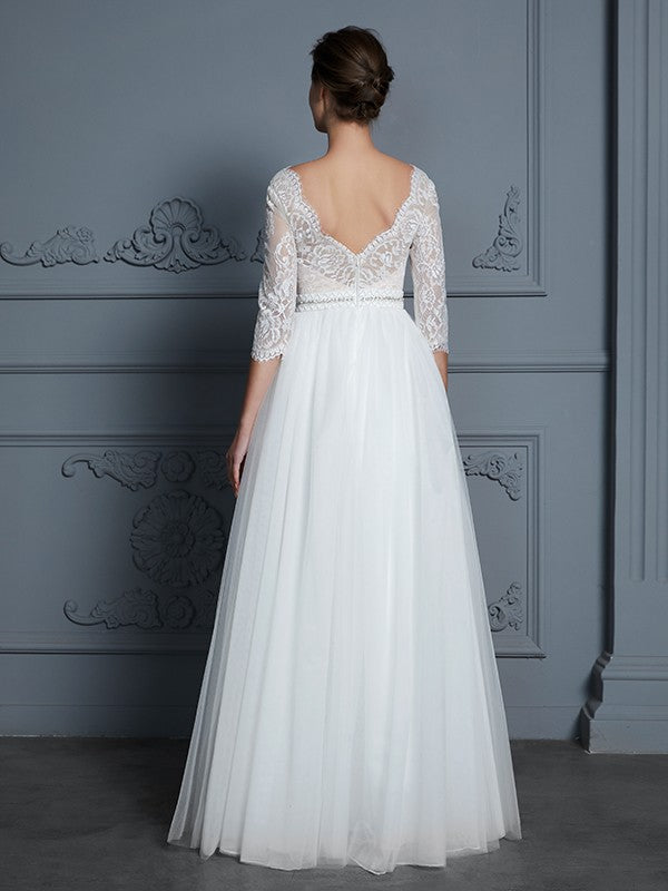 A-Linie/Princess-Linie V-Ausschnitt 3/4-Ärmel Bodenlang Spitze Tüll Brautkleider Brautkleider