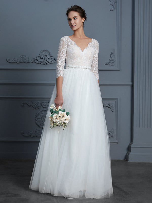 A-Linie/Princess-Linie V-Ausschnitt 3/4-Ärmel Bodenlang Spitze Tüll Brautkleider Brautkleider