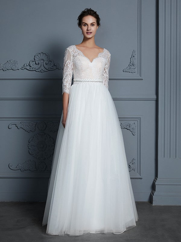 A-Linie/Princess-Linie V-Ausschnitt 3/4-Ärmel Bodenlang Spitze Tüll Brautkleider Brautkleider