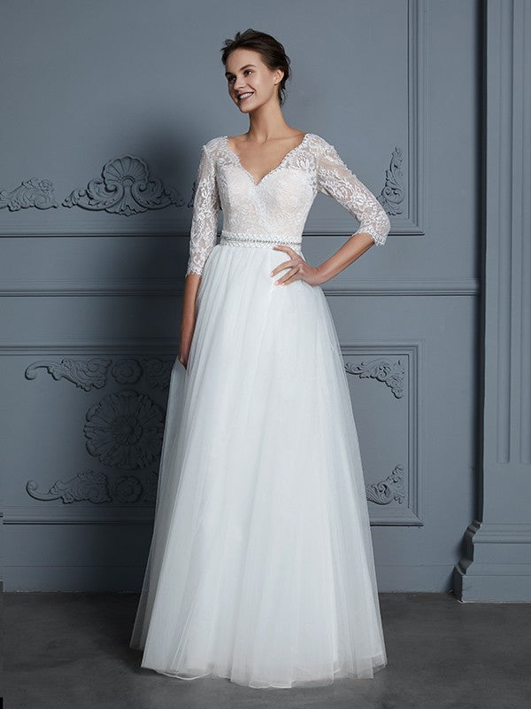 A-Linie/Princess-Linie V-Ausschnitt 3/4-Ärmel Bodenlang Spitze Tüll Brautkleider Brautkleider