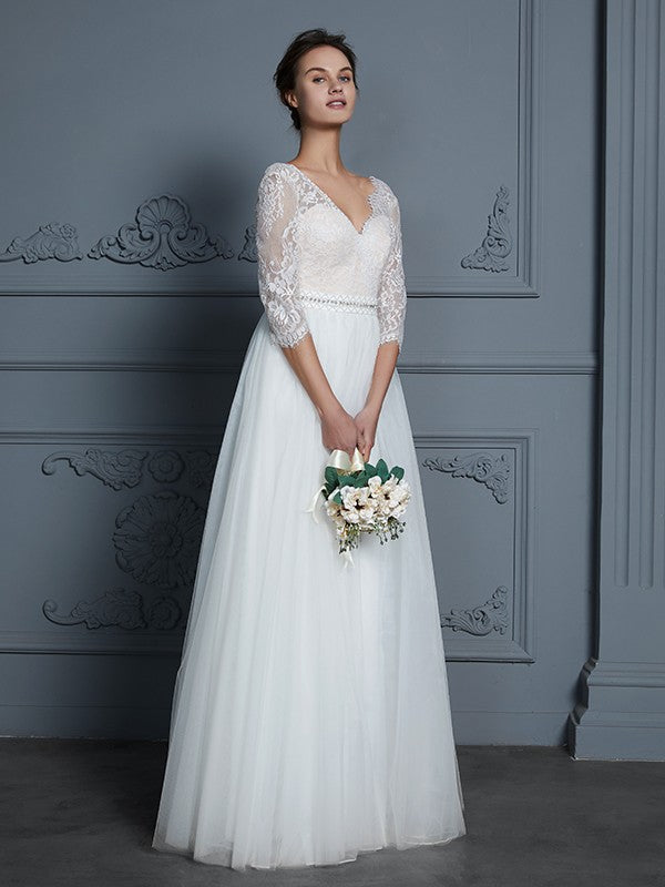 A-Linie/Princess-Linie V-Ausschnitt 3/4-Ärmel Bodenlang Spitze Tüll Brautkleider Brautkleider