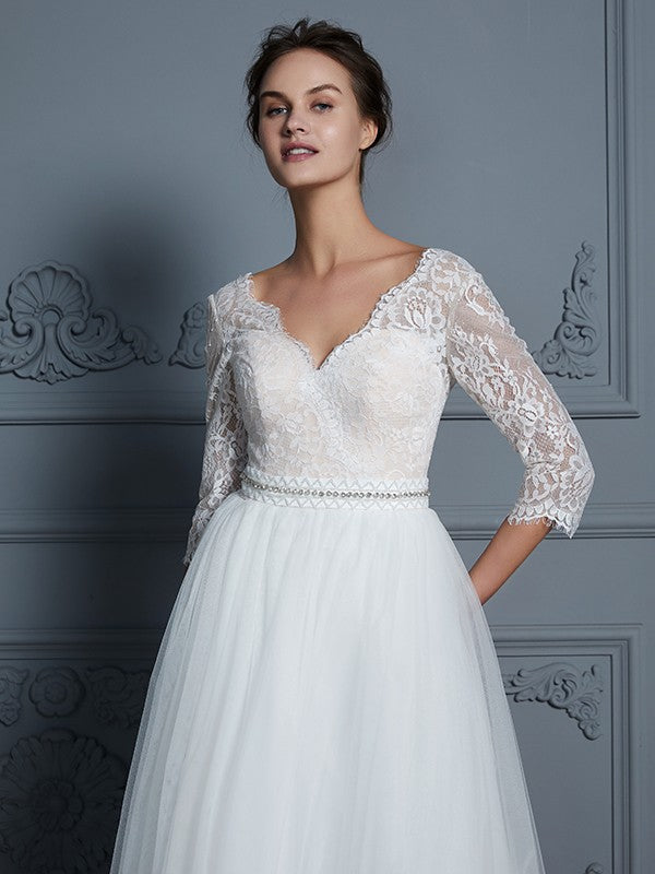 A-Linie/Princess-Linie V-Ausschnitt 3/4-Ärmel Bodenlang Spitze Tüll Brautkleider Brautkleider