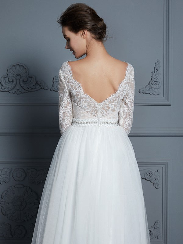 A-Linie/Princess-Linie V-Ausschnitt 3/4-Ärmel Bodenlang Spitze Tüll Brautkleider Brautkleider