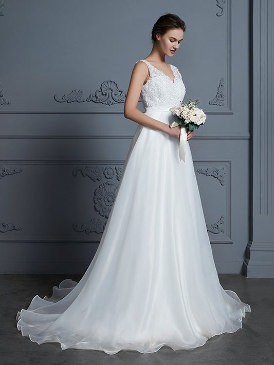 A-Linie/Princess-Linie V-Ausschnitt Ärmellos Bodenlang Organza Brautkleider