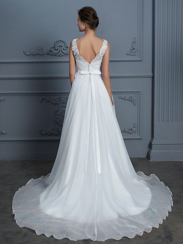 A-Linie/Princess-Linie V-Ausschnitt Ärmellos Bodenlang Organza Brautkleider