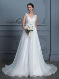 A-Linie/Princess-Linie V-Ausschnitt Ärmellos Bodenlang Organza Brautkleider