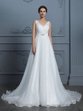 A-Linie/Princess-Linie V-Ausschnitt Ärmellos Bodenlang Organza Brautkleider