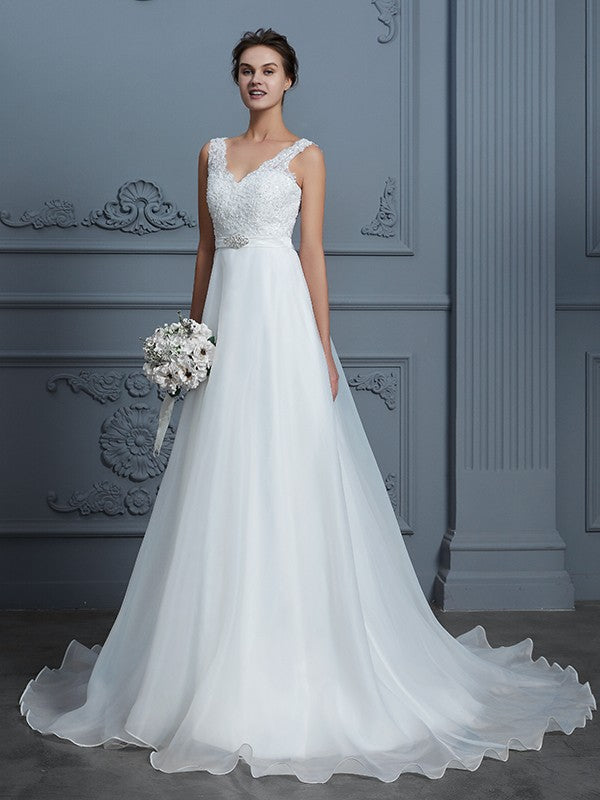 A-Linie/Princess-Linie V-Ausschnitt Ärmellos Bodenlang Organza Brautkleider