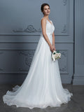 A-Linie/Princess-Linie V-Ausschnitt Ärmellos Bodenlang Organza Brautkleider