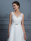 A-Linie/Princess-Linie V-Ausschnitt Ärmellos Bodenlang Organza Brautkleider