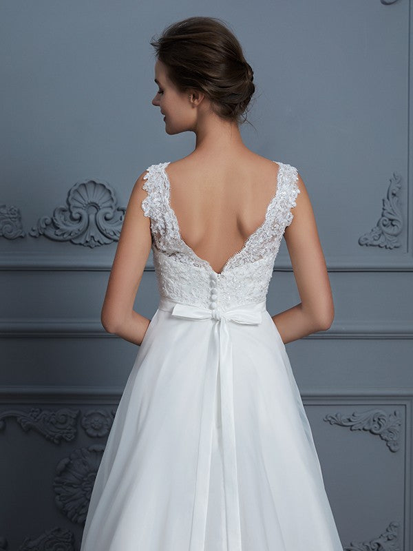A-Linie/Princess-Linie V-Ausschnitt Ärmellos Bodenlang Organza Brautkleider