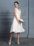 A-Line/Princess V-neck Sleeveless Knee-Length Lace Bowknot Wedding Dresses Bridal Gowns