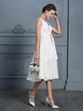 A-Line/Princess V-neck Sleeveless Knee-Length Lace Bowknot Wedding Dresses Bridal Gowns