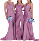 One-Shoulder-Brautjungfernkleider für Hochzeiten, Meerjungfrau-Satin-Ballkleider, lang, figurbetont, formelle Abendkleider 
