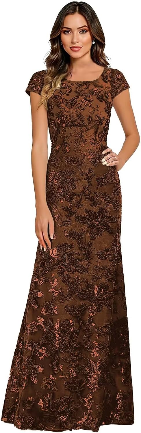 Lace Appliques Scoop Neck Sequin Mother of the Bride Dresses Mermaid Short Sleeve Formal Evening Gowns