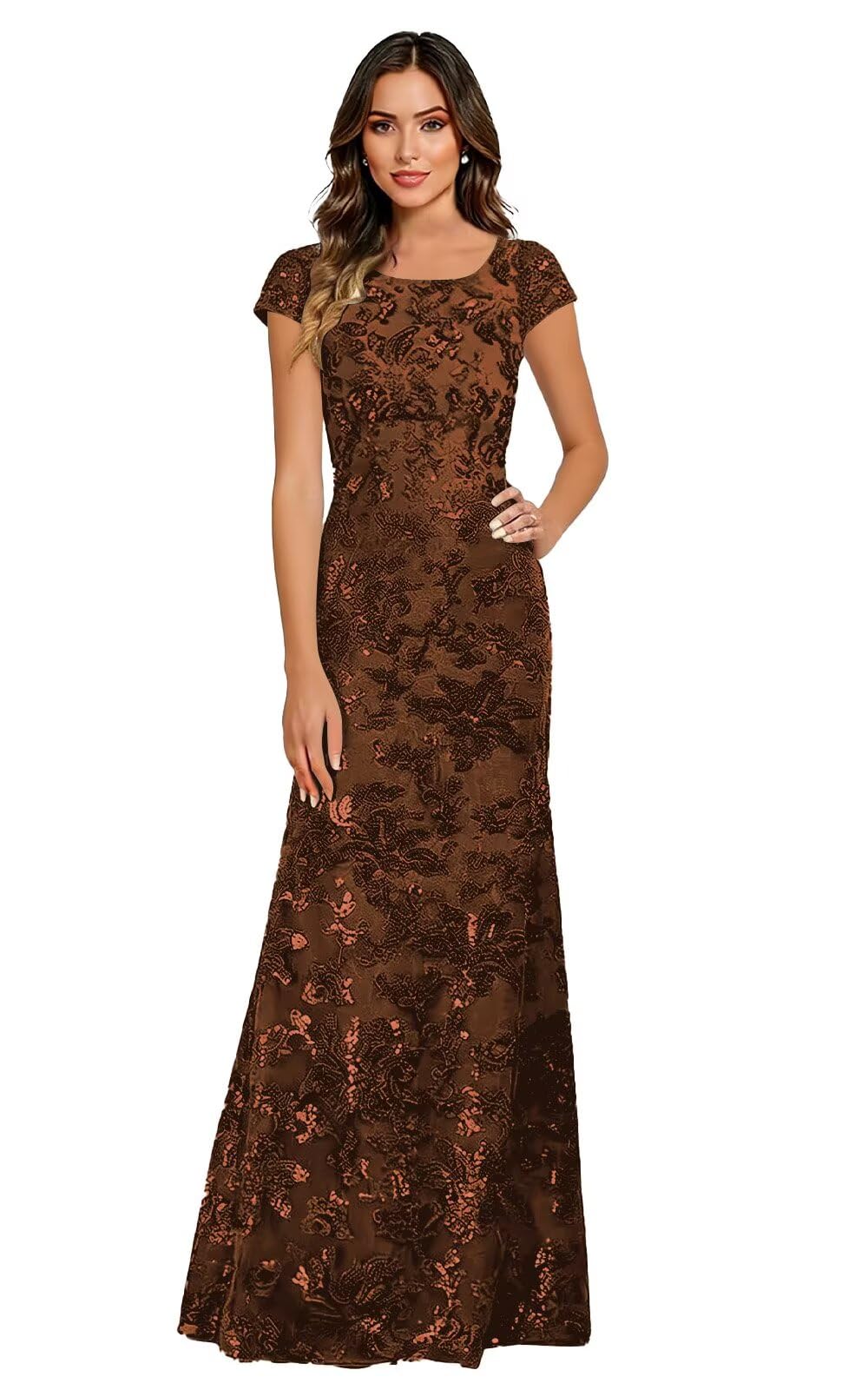 Lace Appliques Scoop Neck Sequin Mother of the Bride Dresses Mermaid Short Sleeve Formal Evening Gowns