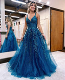 Women's Sparkly Tulle Lace Applique Prom Dresses 2025 Long Spaghetti Straps Formal Evening Gowns