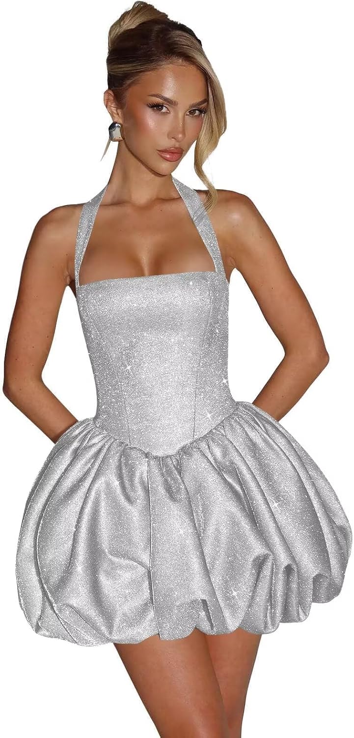 Satin Halter Homecoming Dresses for Teens Short Glitter A-Line Prom Dress Bubble Mini Formal Cocktail Party Gowns