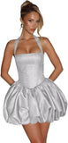 Satin Halter Homecoming Dresses for Teens Short Glitter A-Line Prom Dress Bubble Mini Formal Cocktail Party Gowns