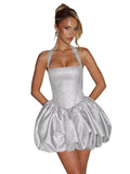 Satin Halter Homecoming Dresses for Teens Short Glitter A-Line Prom Dress Bubble Mini Formal Cocktail Party Gowns