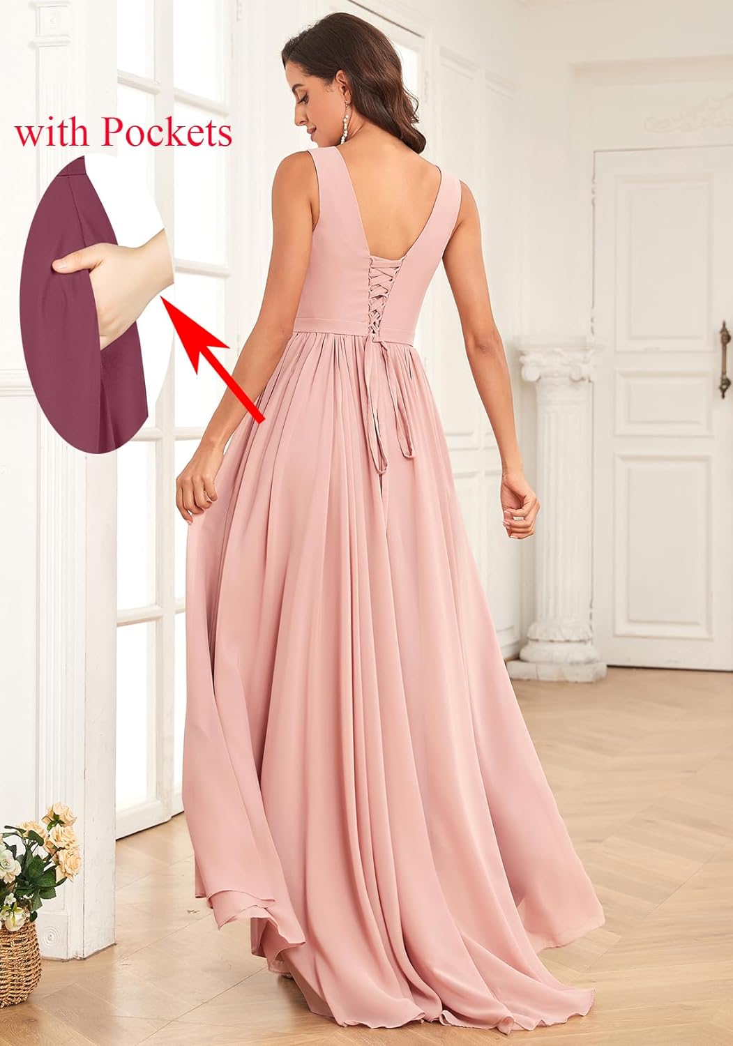 Vestidos de dama de honor con escote en V para mujer, para boda, con bolsillos, de gasa fruncida, largos, formales, para fiesta de graduación y noche.