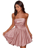 Short Satin A-Line Ruched Homecoming Dresses for Teens Strapless Ruched Mini Formal Cocktail Party Dress