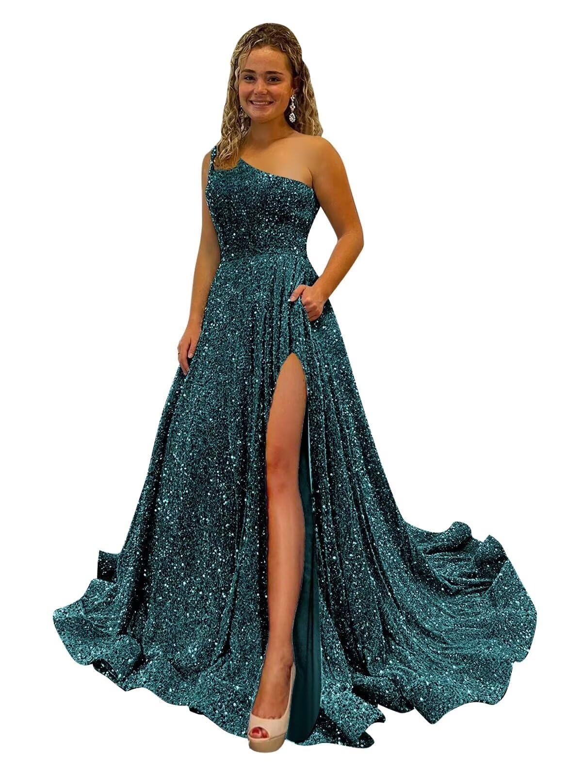 One Shoulder Sequin Prom Dresses for Women Long Sparkly A-Line Slit Formal Evening Party Ball Gowns with Pockets