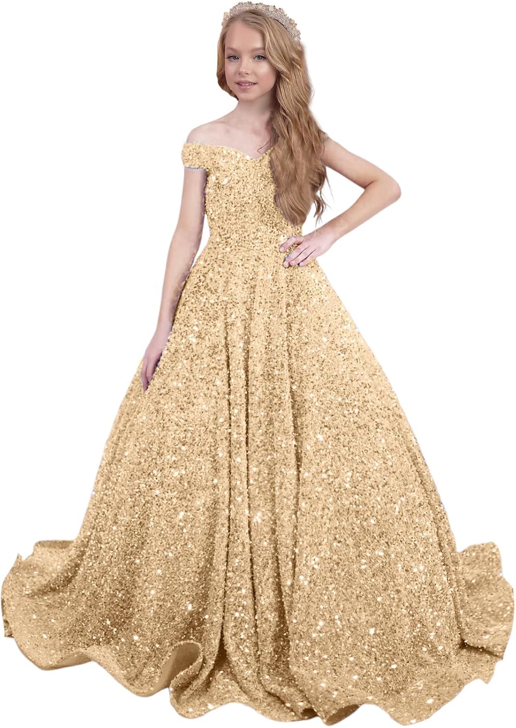 Ball Gown Sequin Pageant Dress for Teens Flower Girl Dress Girls Off Shoulder Long Formal Party Dresses 2027