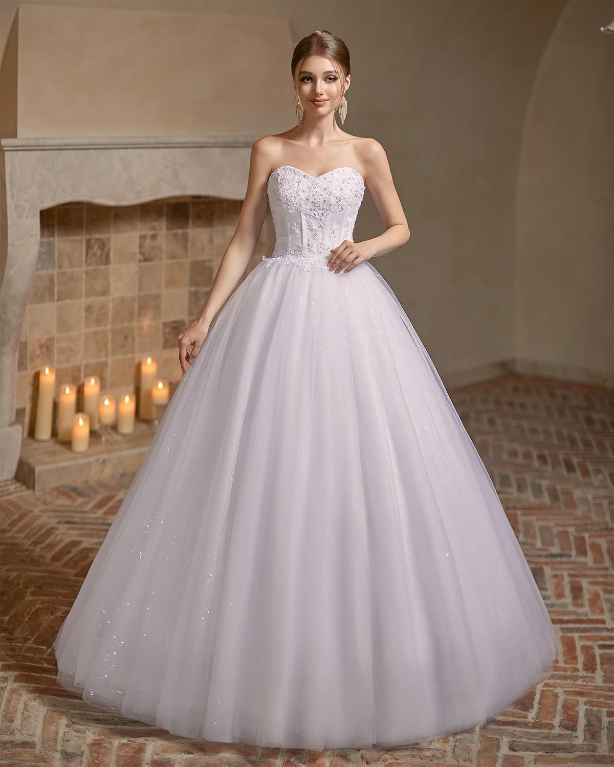 Women's Sweetheart Applique Beaded Corset Bridal Shiny Tull Wedding Dresses for Bride