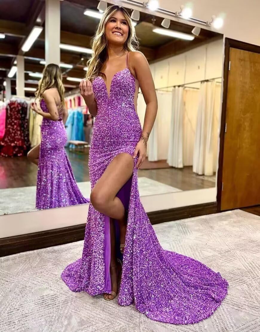 Sparkly Mermaid Sequin Prom Dresses for Women Long Spaghetti Straps V-Neck Formal Evening Party Gowns with Slit