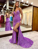 Sparkly Mermaid Sequin Prom Dresses for Women Long Spaghetti Straps V-Neck Formal Evening Party Gowns with Slit