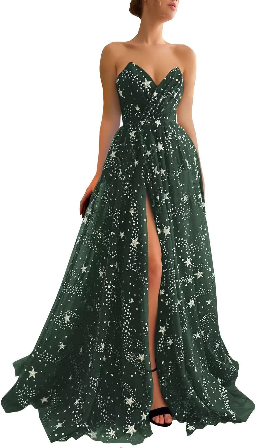 Women's Sparkle Starry Tulle Prom Dresses Strapless Long Formal Evening Party Gowns with Slit